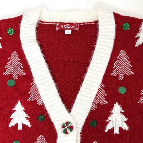 33 Degrees Cardigan Ugly Christmas Sweater w/ Christmas trees & spangles Large - Picture 3 of 16